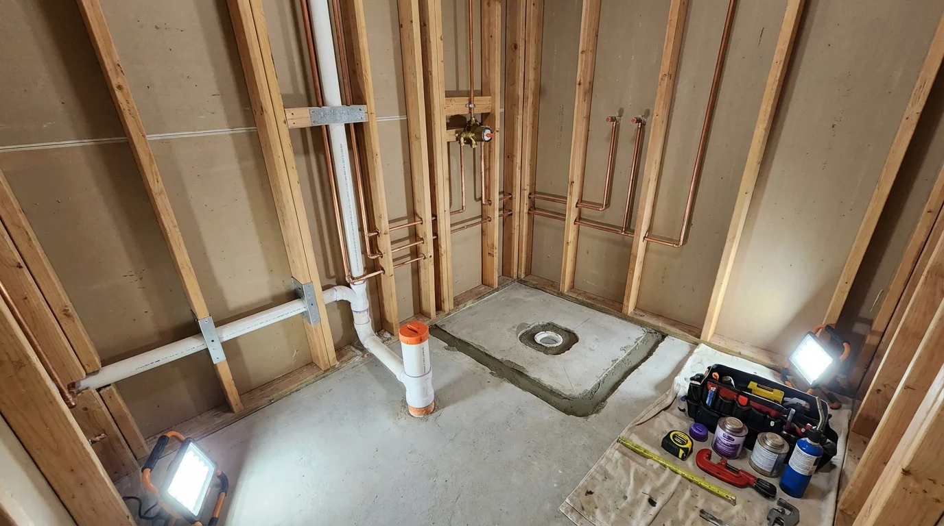 Bathroom rough-in plumbing during remodel by Johns Plumbing LLC in South Holland