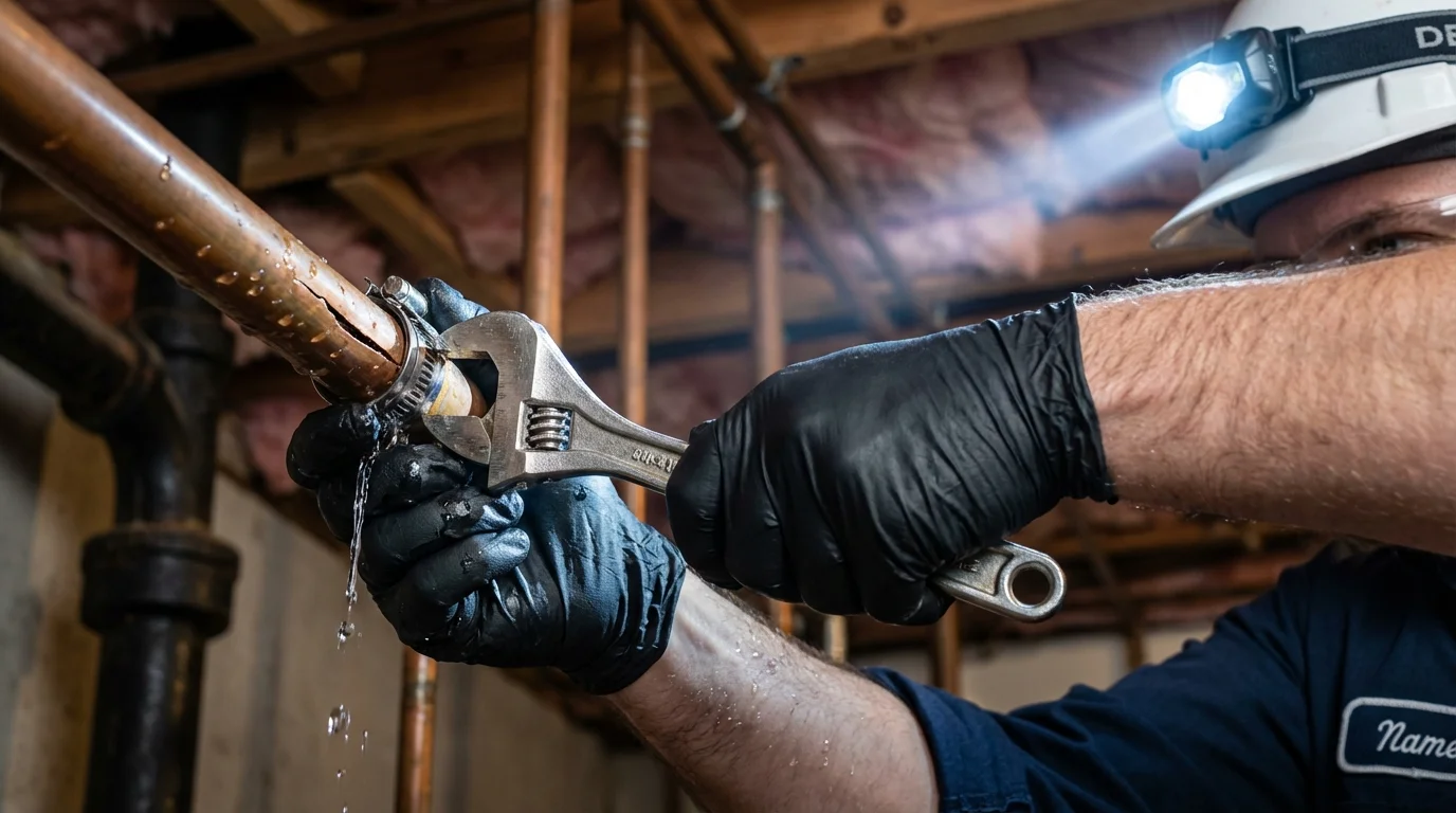 Emergency pipe clamp repair being performed by a Johns Plumbing LLC plumber in South Holland