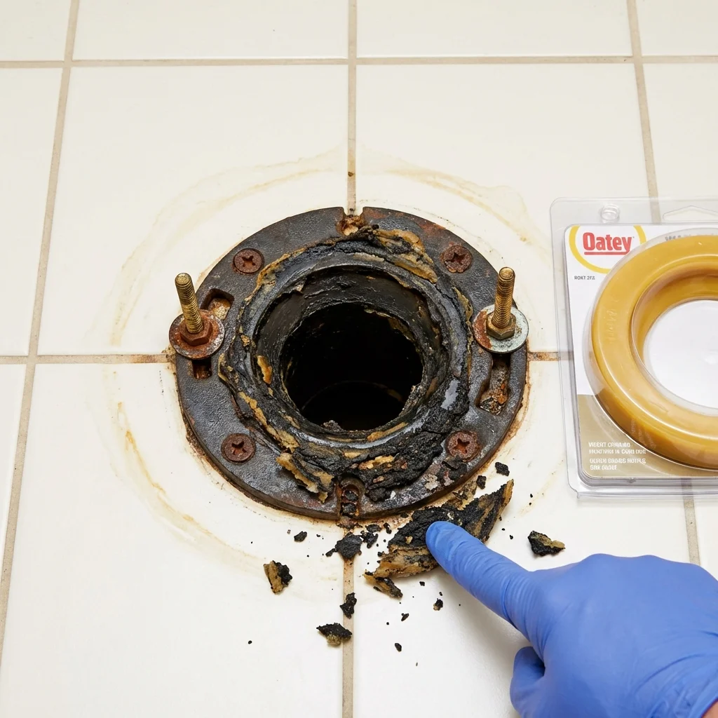 Failed wax ring showing water seepage at the base of a toilet in a South Holland, IL home