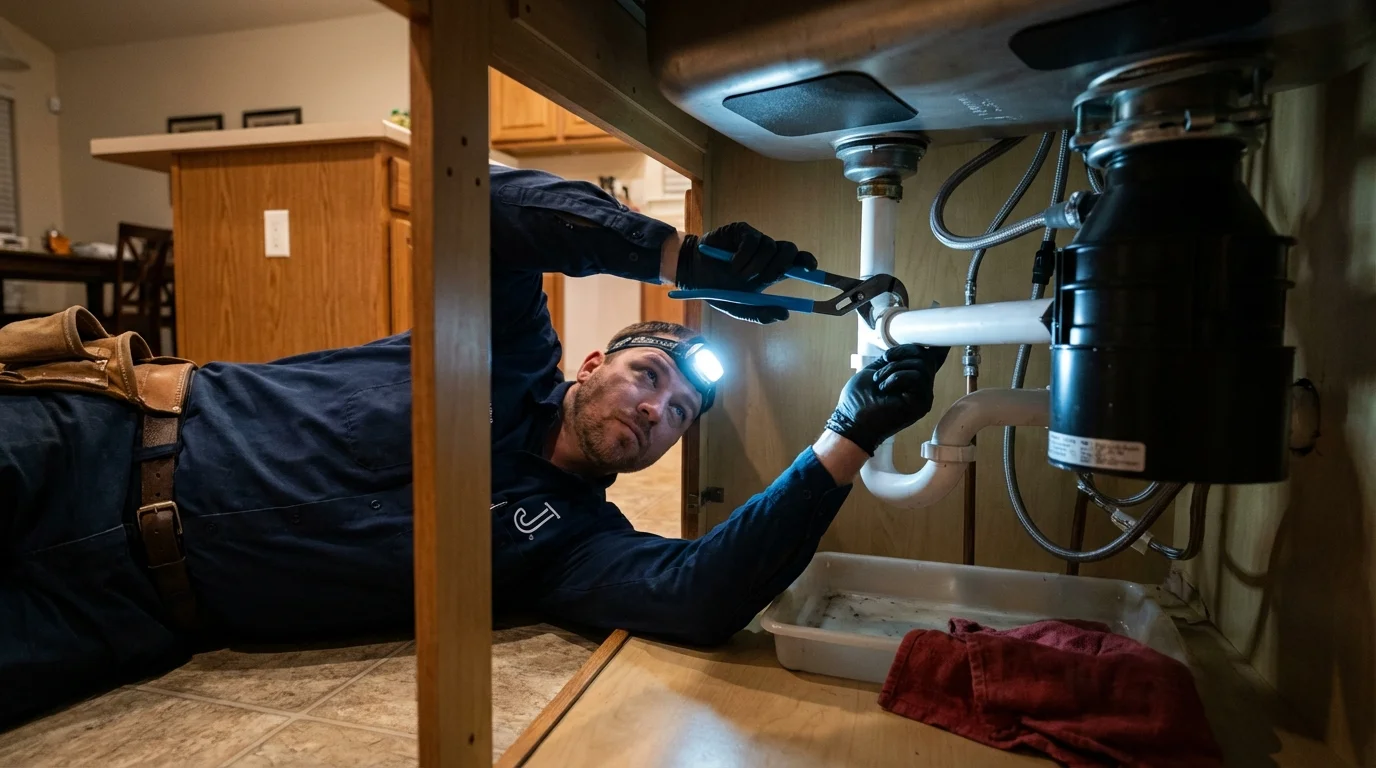 P-trap and supply line connections under a kitchen sink showing a common leak point in South Holland, IL